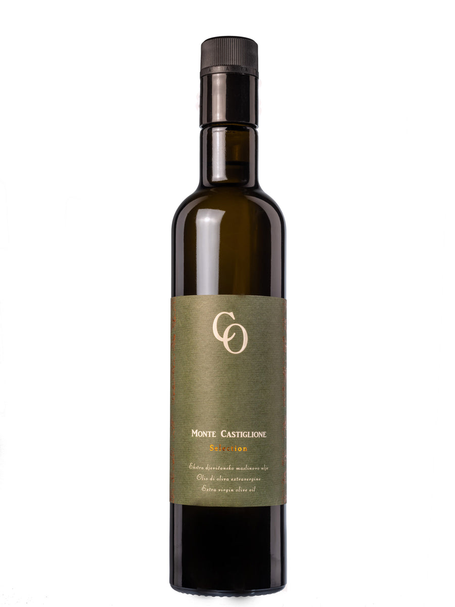 Eine Flasche Monte Castiglione  natives Olivenöl extra von Coronica aus Istrien in Kroatien