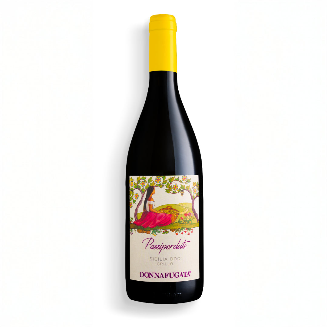Eine Flasche Passiperduti Grillo 750 ml von Donnafugata. Hochwertiger Weißwein aus Südwest Sizilien in Italien.