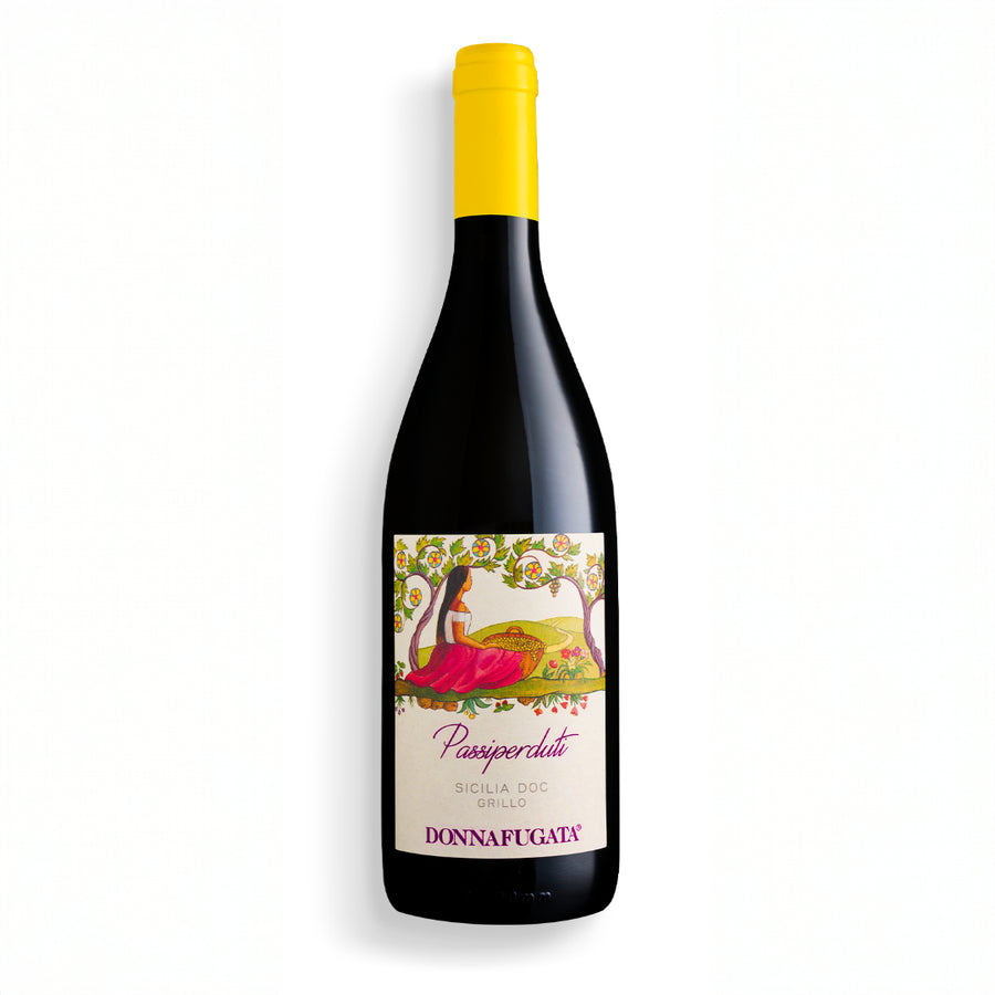 Eine Flasche Passiperduti Grillo 750 ml von Donnafugata. Hochwertiger Weißwein aus Südwest Sizilien in Italien.